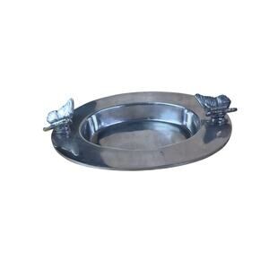 vintage silver tone tray with butterfly shaped handles.